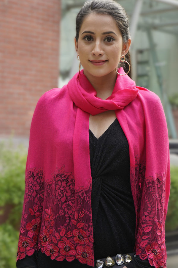 Floral Inset | Embroidered Fine Merino Wool Stole